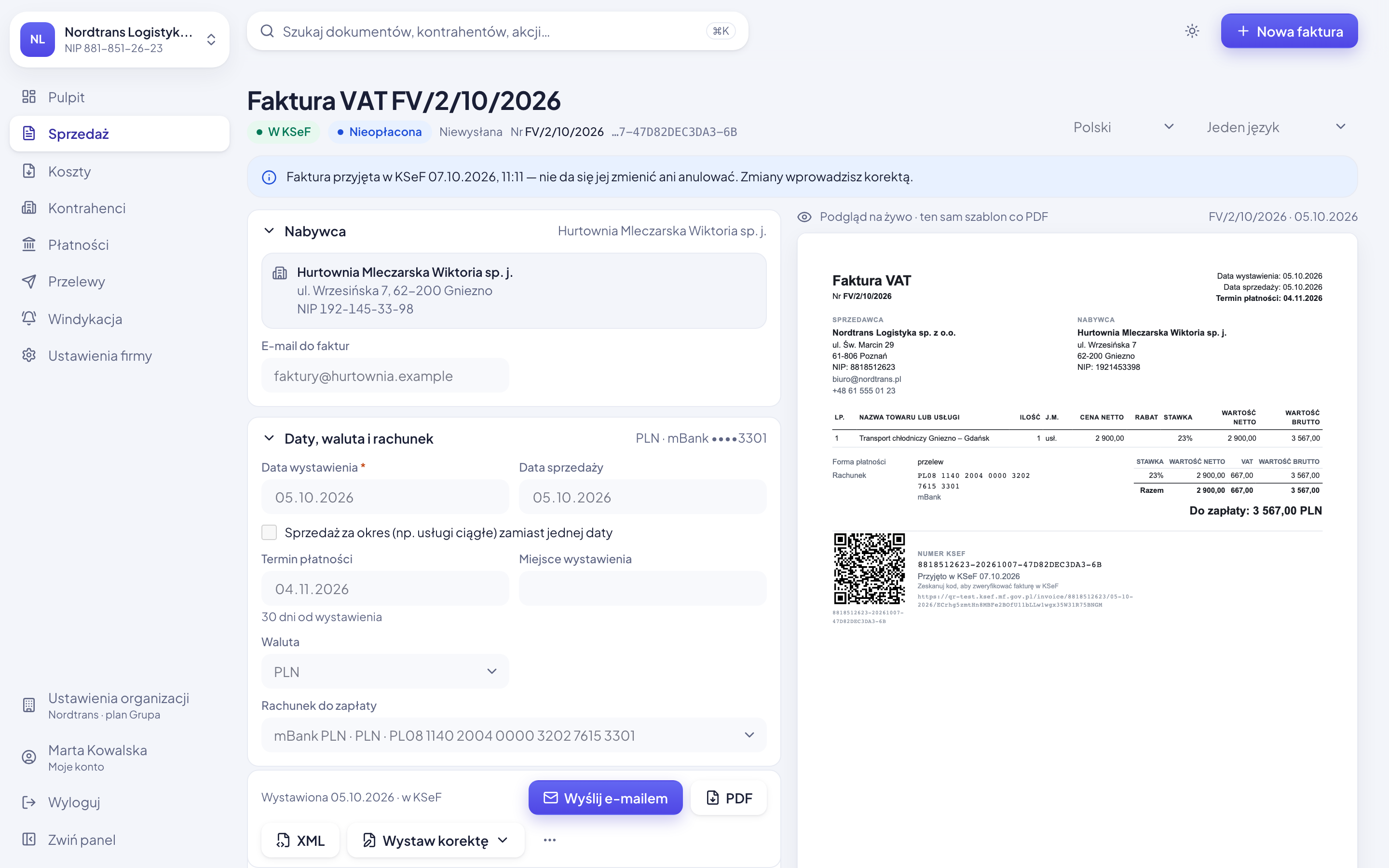 Edytor faktury z numerem KSeF i podglądem dokumentu z kodem QR