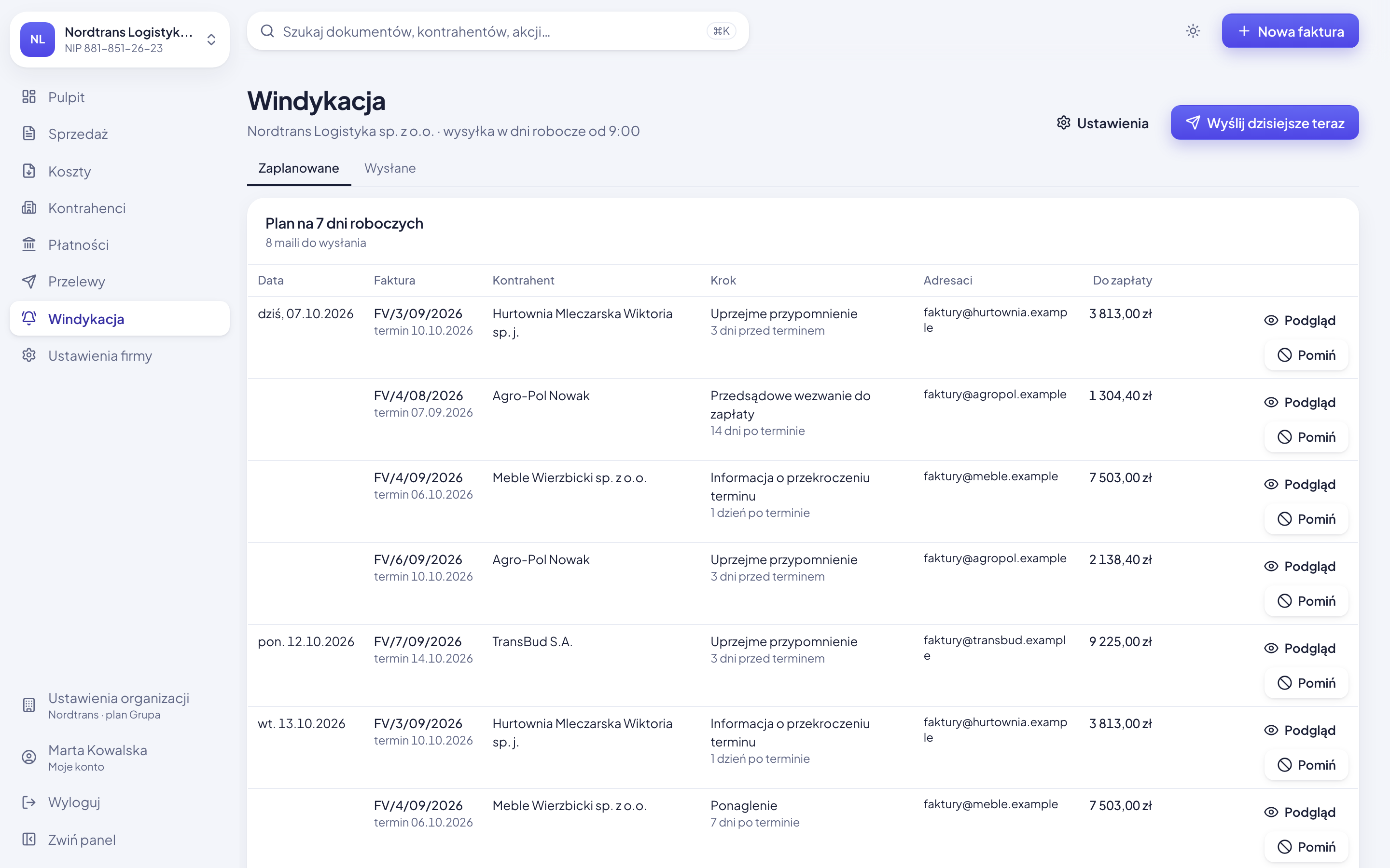 Plan windykacji: zaplanowane przypomnienia i ponaglenia na najbliższe dni